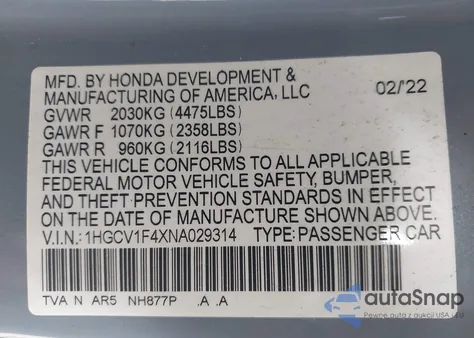 2022 Honda Accord Sport Se z USA, uszkodzony, nr VIN 1HGCV1F4XNA029314